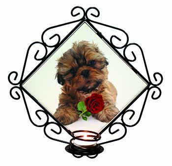 Shih Tzu Dog with Red Rose Wrought Iron Wall Art Candle Holder