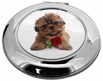 Shih Tzu Dog with Red Rose Make-Up Round Compact Mirror