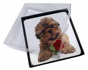 4x Shih Tzu Dog with Red Rose Picture Table Coasters Set in Gift Box