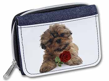 Shih Tzu Dog with Red Rose Unisex Denim Purse Wallet