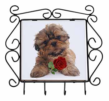 Shih Tzu Dog with Red Rose Wrought Iron Key Holder Hooks