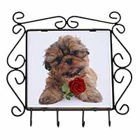 Shih Tzu Dog with Red Rose Wrought Iron Key Holder Hooks