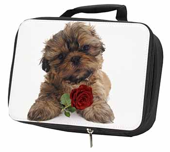 Shih Tzu Dog with Red Rose Black Insulated School Lunch Box/Picnic Bag