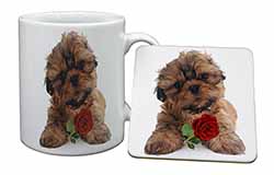 Shih Tzu Dog with Red Rose Mug and Coaster Set