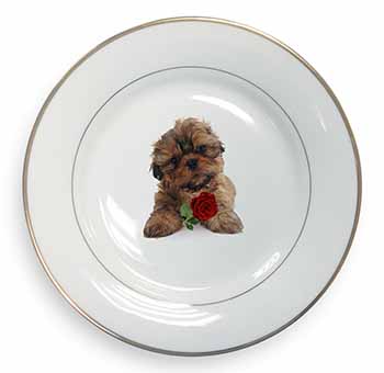 Shih Tzu Dog with Red Rose Gold Rim Plate Printed Full Colour in Gift Box