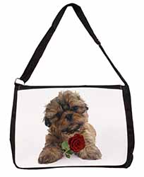 Shih Tzu Dog with Red Rose Large Black Laptop Shoulder Bag School/College