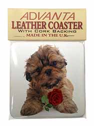 Shih Tzu Dog with Red Rose Single Leather Photo Coaster