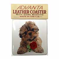 Shih Tzu Dog with Red Rose Single Leather Photo Coaster