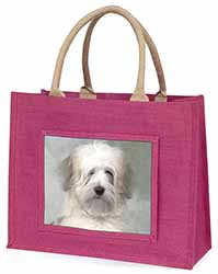 White Tibetan Terrier Dog Large Pink Jute Shopping Bag