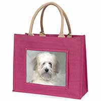 White Tibetan Terrier Dog Large Pink Jute Shopping Bag