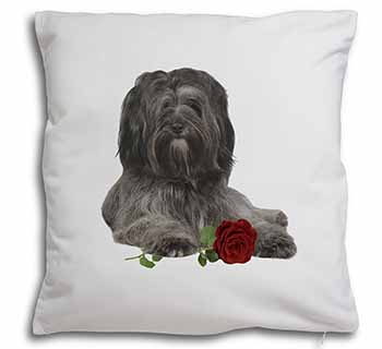 Tibetan Terrier with Red Rose Soft White Velvet Feel Scatter Cushion