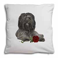 Tibetan Terrier with Red Rose Soft White Velvet Feel Scatter Cushion