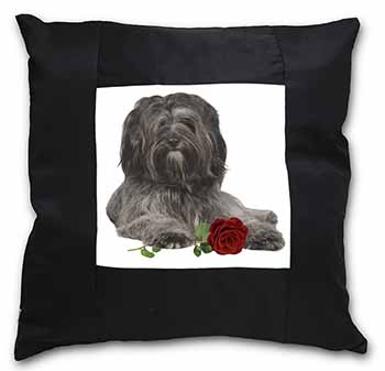 Tibetan Terrier with Red Rose Black Satin Feel Scatter Cushion