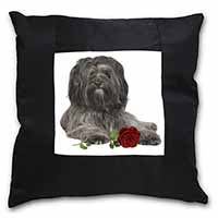 Tibetan Terrier with Red Rose Black Satin Feel Scatter Cushion