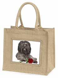 Tibetan Terrier with Red Rose Natural/Beige Jute Large Shopping Bag