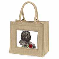 Tibetan Terrier with Red Rose Natural/Beige Jute Large Shopping Bag