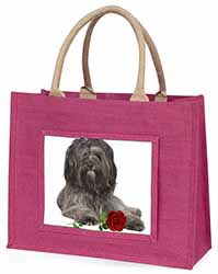 Tibetan Terrier with Red Rose Large Pink Jute Shopping Bag