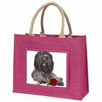 Tibetan Terrier with Red Rose Large Pink Jute Shopping Bag