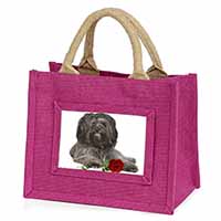 Tibetan Terrier with Red Rose Little Girls Small Pink Jute Shopping Bag