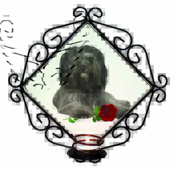 Tibetan Terrier with Red Rose Wrought Iron Wall Art Candle Holder