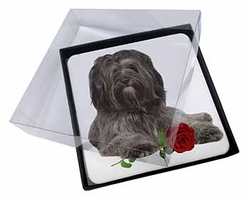 4x Tibetan Terrier with Red Rose Picture Table Coasters Set in Gift Box