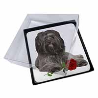 4x Tibetan Terrier with Red Rose Picture Table Coasters Set in Gift Box