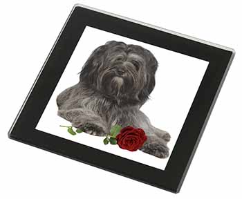 Tibetan Terrier with Red Rose Black Rim High Quality Glass Coaster