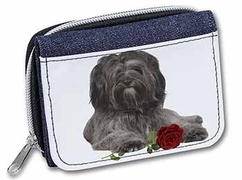 Tibetan Terrier with Red Rose Unisex Denim Purse Wallet