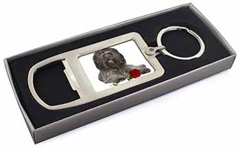 Tibetan Terrier with Red Rose Chrome Metal Bottle Opener Keyring in Box