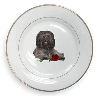 Tibetan Terrier with Red Rose Gold Rim Plate Printed Full Colour in Gift Box