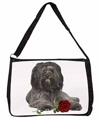 Tibetan Terrier with Red Rose Large Black Laptop Shoulder Bag School/College