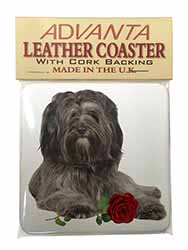 Tibetan Terrier with Red Rose Single Leather Photo Coaster