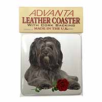 Tibetan Terrier with Red Rose Single Leather Photo Coaster