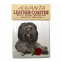 Tibetan Terrier with Red Rose Single Leather Photo Coaster