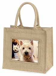 West Highland Terrier Dogs Natural/Beige Jute Large Shopping Bag