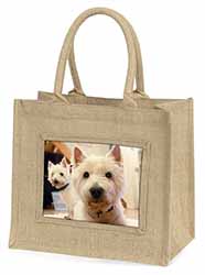 West Highland Terrier Dogs Natural/Beige Jute Large Shopping Bag