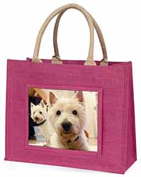 West Highland Terrier Dogs Large Pink Jute Shopping Bag