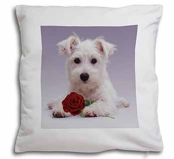 West Highland Terrier with Rose Soft White Velvet Feel Scatter Cushion