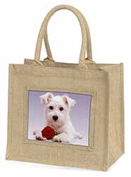 West Highland Terrier with Rose Natural/Beige Jute Large Shopping Bag