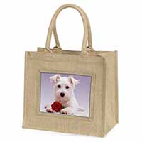 West Highland Terrier with Rose Natural/Beige Jute Large Shopping Bag