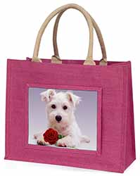 West Highland Terrier with Rose Large Pink Jute Shopping Bag