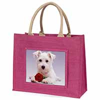 West Highland Terrier with Rose Large Pink Jute Shopping Bag