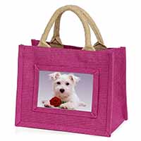 West Highland Terrier with Rose Little Girls Small Pink Jute Shopping Bag