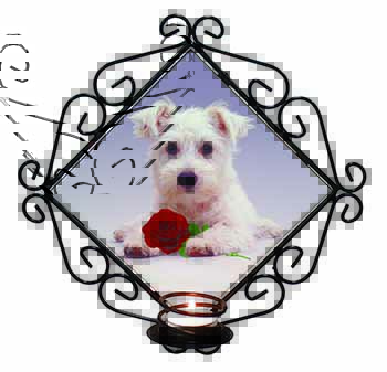 West Highland Terrier with Rose Wrought Iron Wall Art Candle Holder