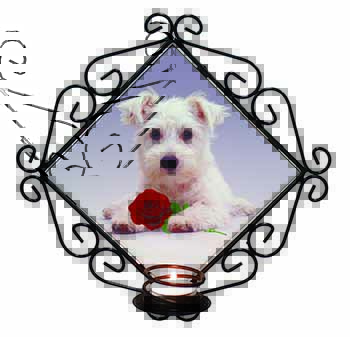 West Highland Terrier with Rose Wrought Iron Wall Art Candle Holder