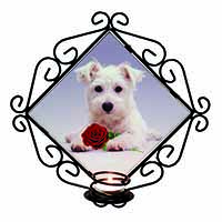 West Highland Terrier with Rose Wrought Iron Wall Art Candle Holder