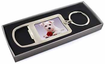 West Highland Terrier with Rose Chrome Metal Bottle Opener Keyring in Box