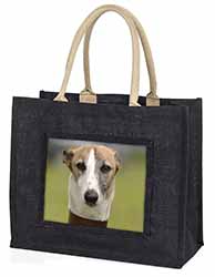 Whippet Dog Large Black Jute Shopping Bag
