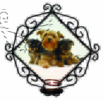 Yorkshire Terrier Dogs Wrought Iron Wall Art Candle Holder