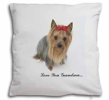 Yorkie with Red Bow Grandma Soft White Velvet Feel Scatter Cushion